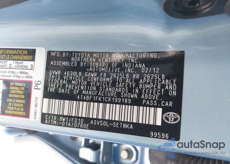 2012 Toyota Camry Le z USA, uszkodzony, nr VIN 4T4BF1FK1CR199189